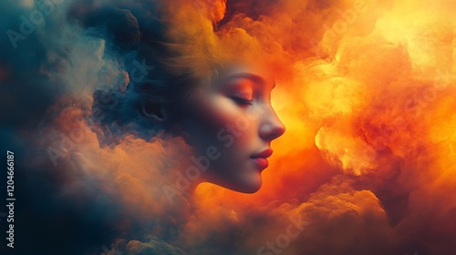 Woman, fiery clouds, serene, profile, dreamscape, art, fantasy,  website, header