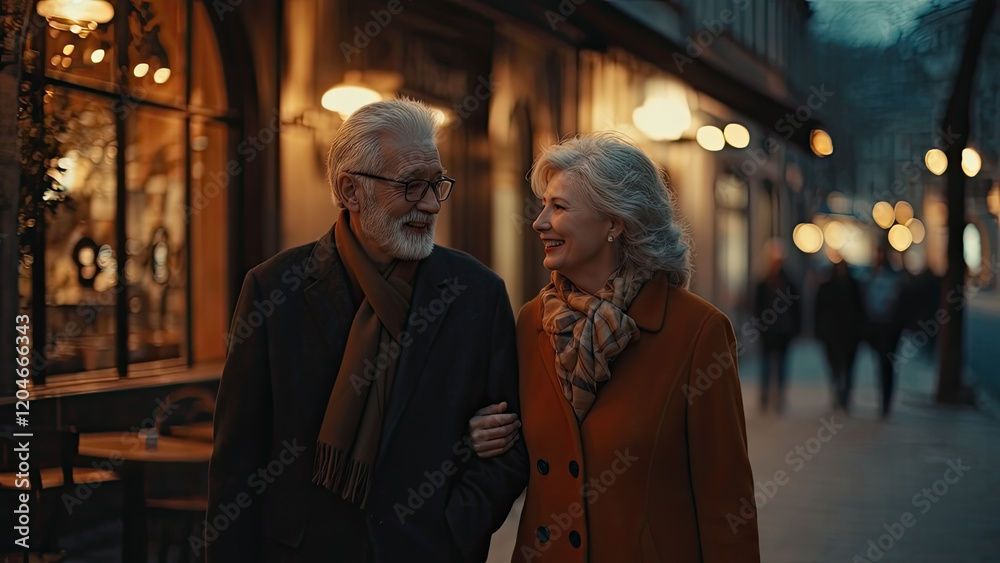 Elderly couple holding hands while walking on a city street during twilight, surrounded by glowing lights. Great for concepts of love, aging gracefully, or urban life. Elderly couple holding hands while walking on a city street during twilight, surrounded by glowing lights. Great for concepts of love, aging gracefully, or urban life.