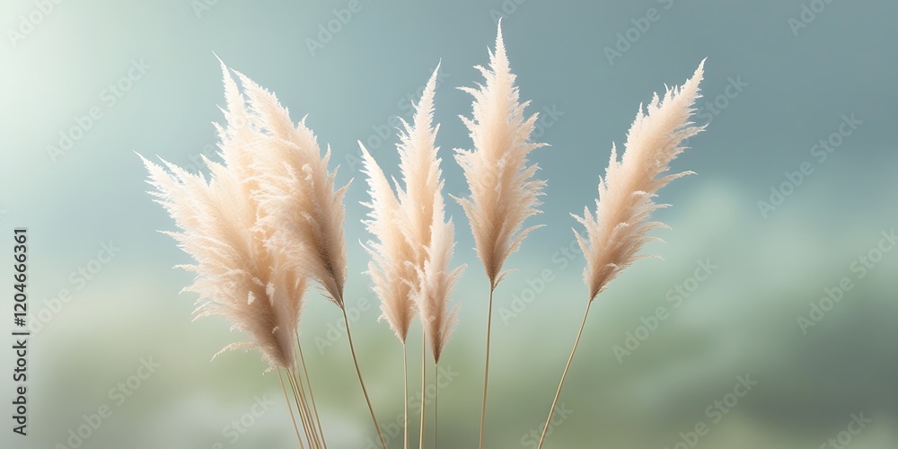 Fototapeta premium Soft pampas grass swaying in the breeze against a dreamy pastel background, creating a tranquil and elegant nature scene with warm tones and a peaceful atmosphere