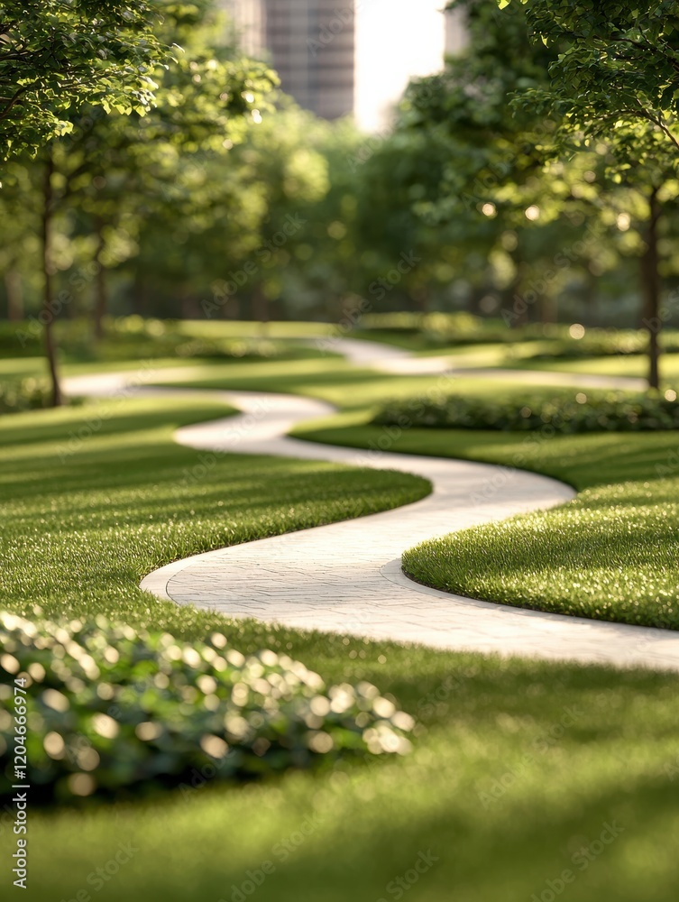 Fototapeta premium A serene, winding pathway through a lush green park, surrounded by trees and grass, inviting leisurely strolls.