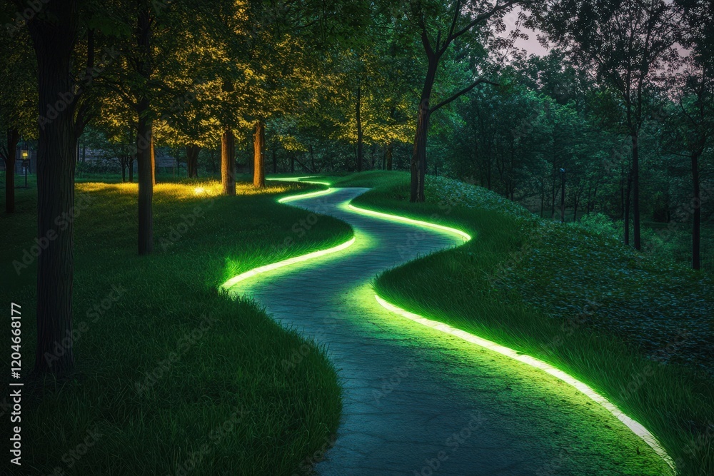 Obraz premium Illuminated Winding Path Through A Nighttime Forest
