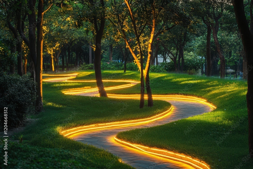 Illuminated Pathway Winding Through A Lush Green Park At Night Illuminated Pathway Winding Through A Lush Green Park At Night