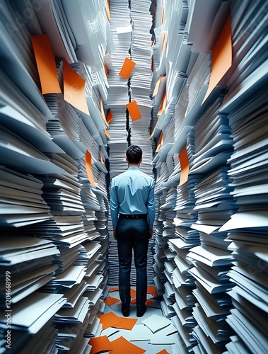 Person surrounded by mountains of paperwork, illustrating data management, work stress, and the overwhelming nature of modern business administration

