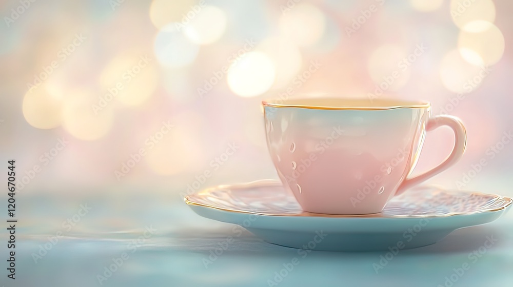 Obraz premium Pastel pink teacup and saucer on a soft blue surface with bokeh background.