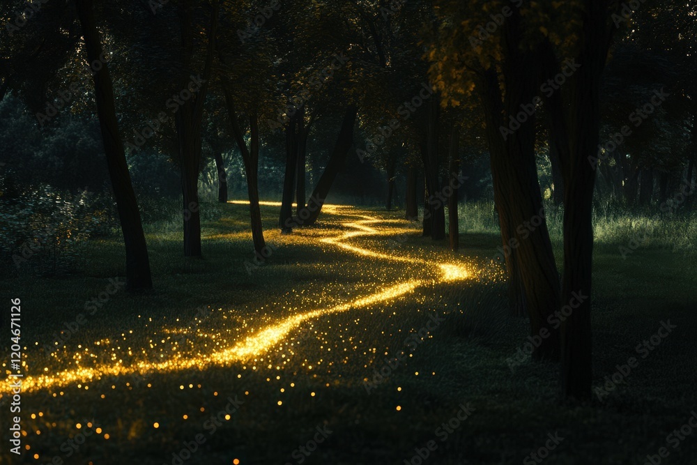 Fototapeta premium Golden Lights Illuminate A Winding Forest Path