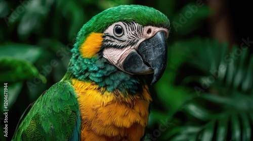 Colorful parrot portrait, tropical foliage background, wildlife photography, nature imagery