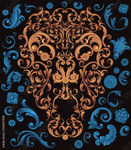 The man is looking at you. An illusory portrait of a man made of decorative elements. Editable hand drawn illustration. Vector vintage engraving. Isolated on black background. 8 EPS