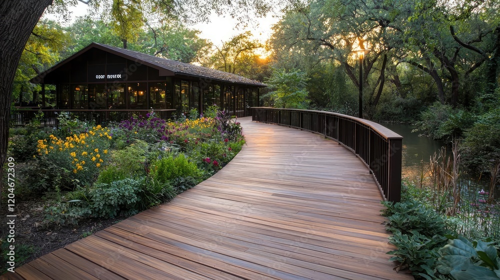 Serene sunset boardwalk path by garden gazebo Serene sunset boardwalk path by garden gazebo