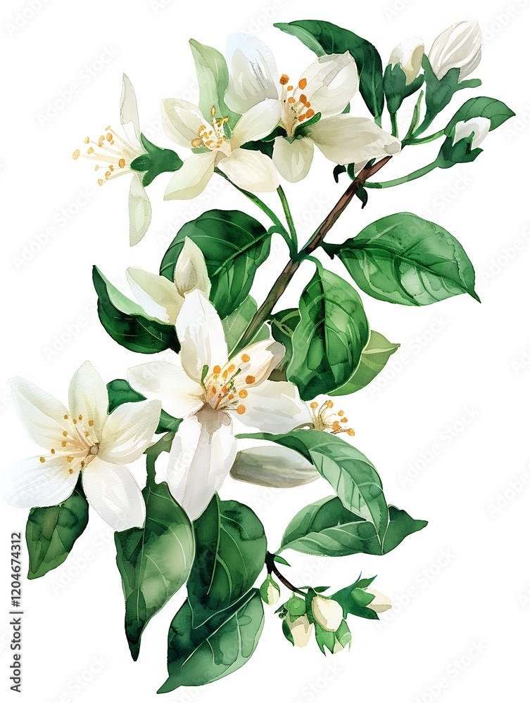 Obraz premium Watercolor White Jasmine Isolated on White Background. Beautiful Jasmine Flower