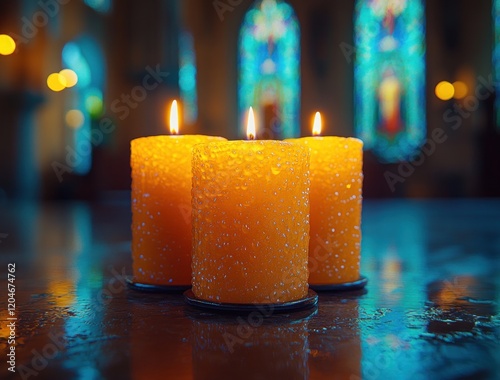 Advent Celebration with Purple Candles in Church, Illuminated by Glowing Flames