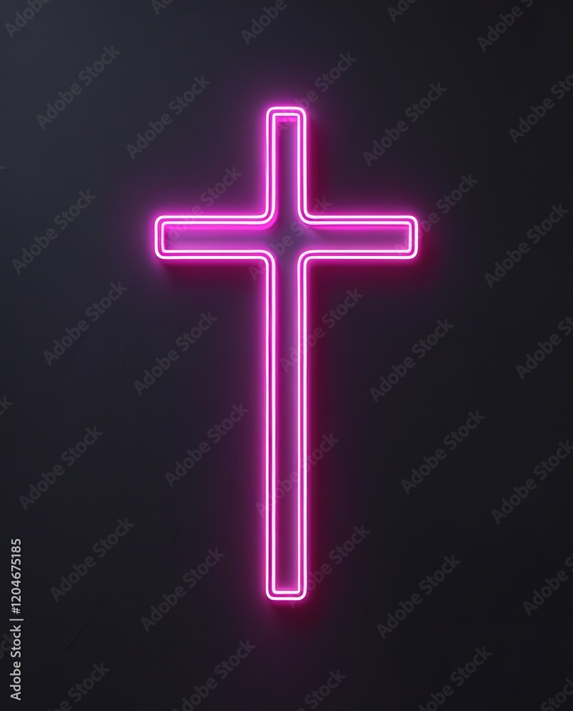 Obraz premium Modern neon pink Christian cross glowing in the darkness, symbolizing faith, religious devotion, and spirituality with a contemporary artistic and futuristic design