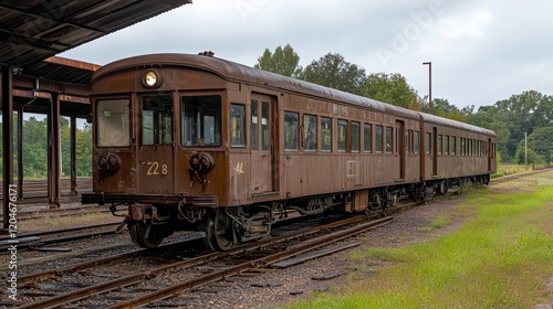 Vintage railcar rests on forgotten tracks in an overgrown yard surrounded by trees under a cloudy sky