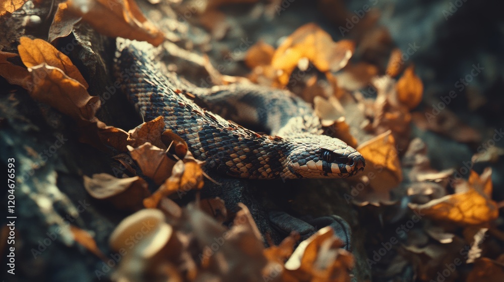 A viper rests camouflaged among fallen autumn leaves, its scales blending seamlessly with nature’s palette of browns and oranges. A viper rests camouflaged among fallen autumn leaves, its scales blending seamlessly with nature’s palette of browns and oranges.