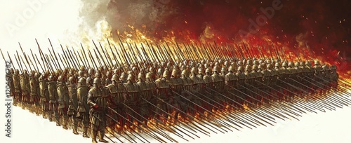 Macedonian Phalanx Soldiers in Epic Ancient Battle Scene with Dynamic Renaissance Style photo