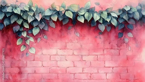 Watercolor Illustration of Fresh Green Leaves on Textured Pink Brick Wall Spring Botanical Decor Frame