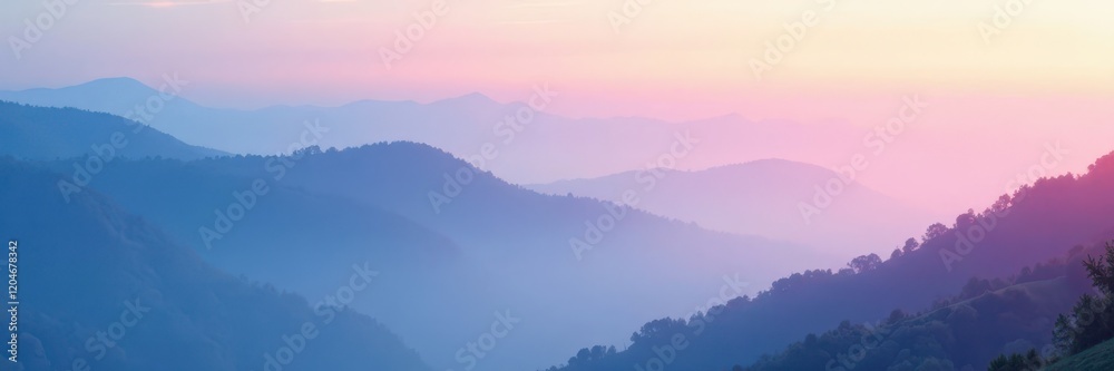 Misty morning with a gradient of light blue and pink mist over rolling hills, gradient, hills Misty morning with a gradient of light blue and pink mist over rolling hills, gradient, hills