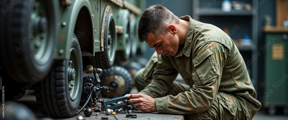 Military soldier meticulously repairs equipment in workshop. Focused technician performs maintenance tasks on vehicle parts. Dedication to military maintenance tasks displayed in precise work ethic. Military soldier meticulously repairs equipment in workshop. Focused technician performs maintenance tasks on vehicle parts. Dedication to military maintenance tasks displayed in precise work ethic.