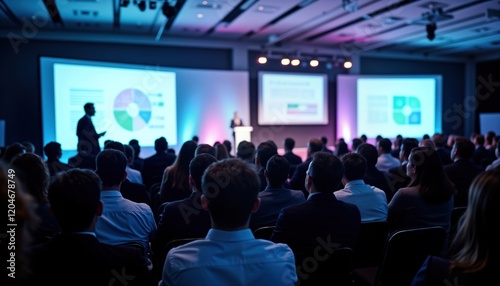 Large audience attends corporate business conference. Speaker presents on stage in conference hall. Many businesspeople sitting, listening attentively. Business professionals gather for seminar.