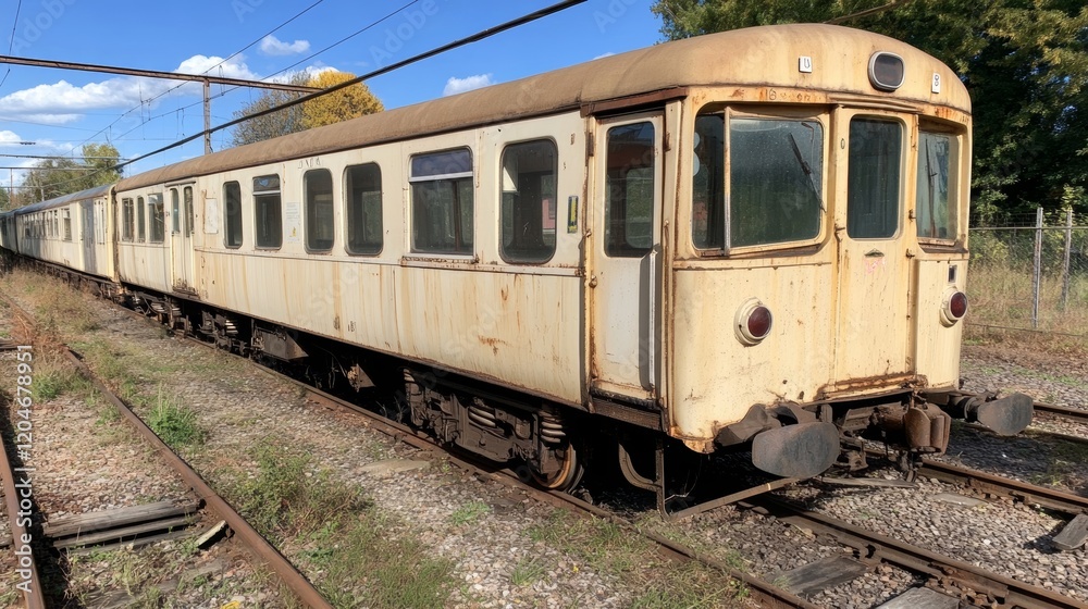 Rusting railcar resting in an overgrown railway yard under clear blue skies during daytime Rusting railcar resting in an overgrown railway yard under clear blue skies during daytime