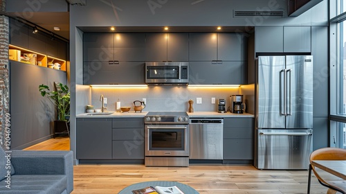 Modern Grey Kitchen Design With Stainless Steel Appliances