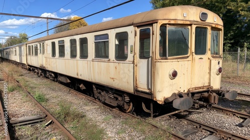 Rusting railcar resting in an overgrown railway yard under clear blue skies during daytime photo