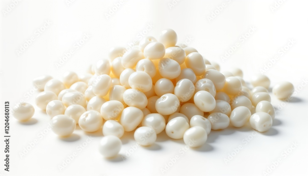 Pile of white sago pearls on white background. Close up view of raw food ingredient. Natural food product suitable for asian cuisine desserts. Starch granules. Ideal for cooking decorative use. High Pile of white sago pearls on white background. Close up view of raw food ingredient. Natural food product suitable for asian cuisine desserts. Starch granules. Ideal for cooking decorative use. High