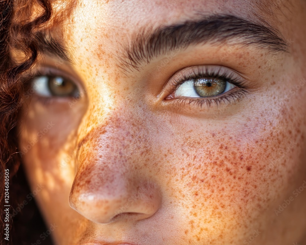Naklejka premium Closeup Portrait Freckled Woman Sunlit Skin Eyes