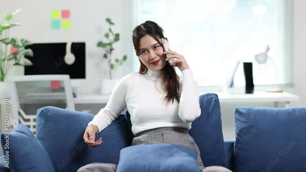 Asian freelancer engages in a phone conversation while working remotely from a stylish home office, modern lifestyle and the comforts of a productive work. Asian freelancer engages in a phone conversation while working remotely from a stylish home office, modern lifestyle and the comforts of a productive work.