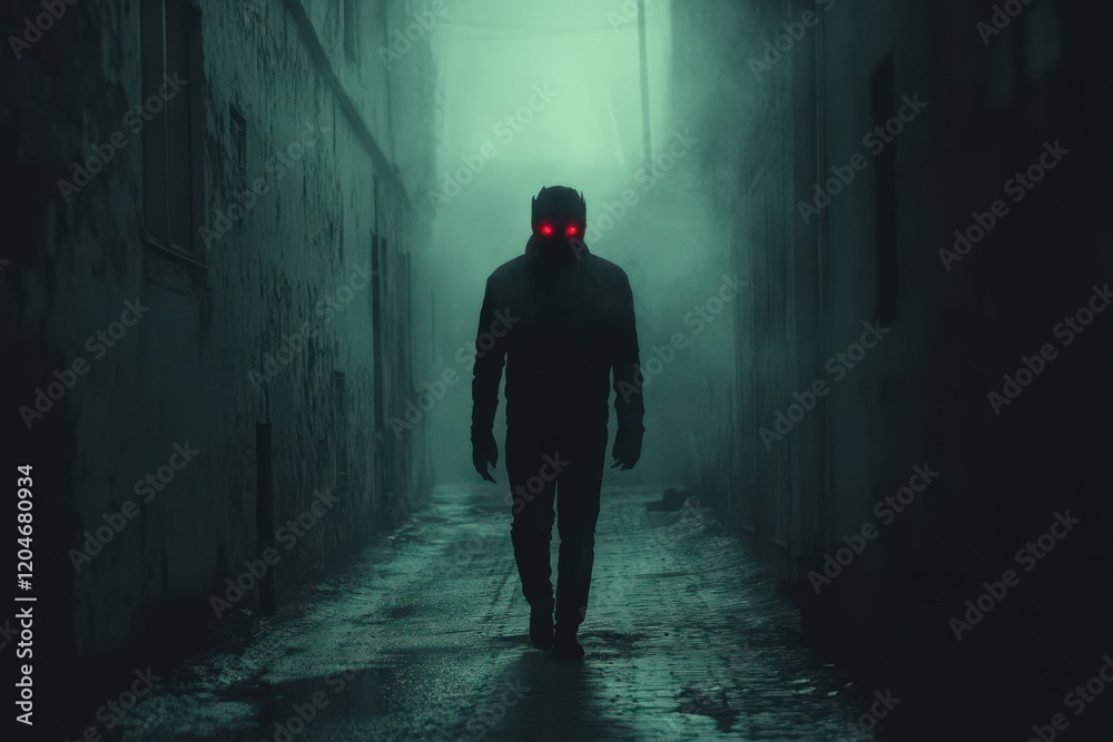 Fototapeta premium Gloomily Lit Alleyway Figure With Glowing Red Eyes