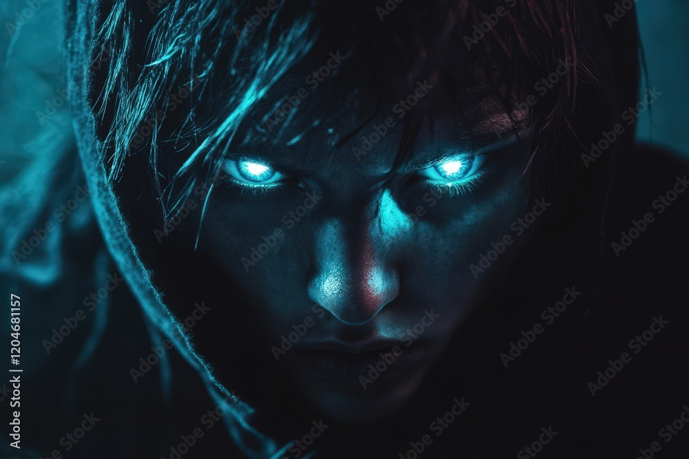 Obraz premium Hooded Figure With Glowing Eyes Stares Intensely