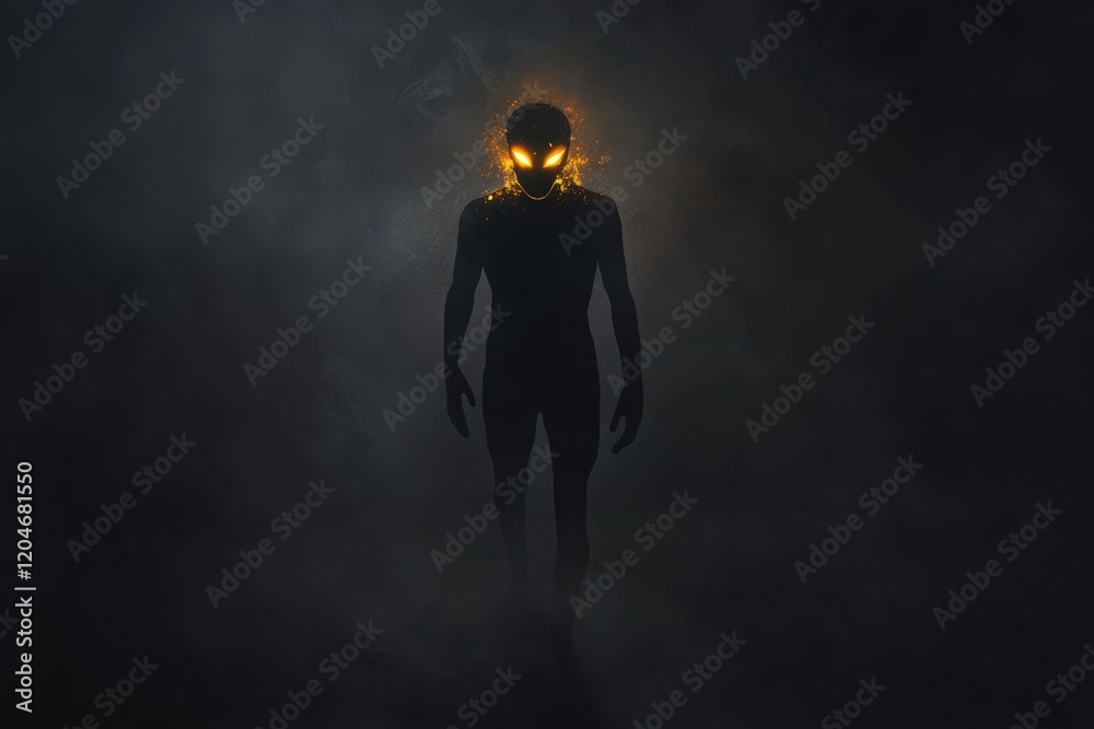 Fiery Eyed Alien Figure Walking Through Smoke Fiery Eyed Alien Figure Walking Through Smoke
