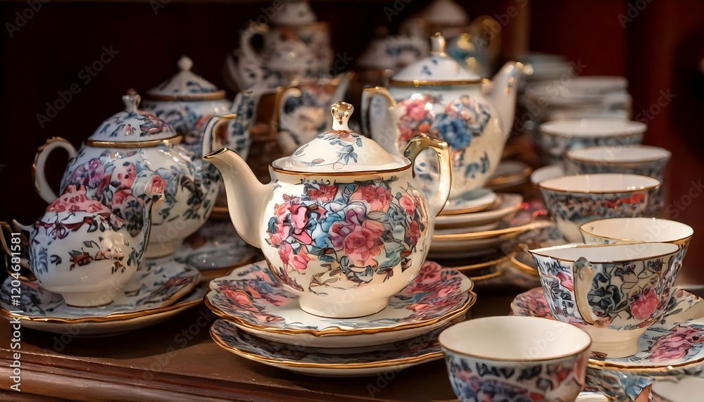 Fototapeta premium Ornate Tea Set Displayed with Intricate Floral Designs and Teapots