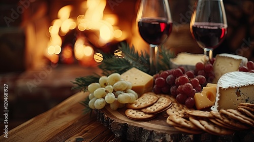 Festive Cheese And Wine Board Near Fireplace photo