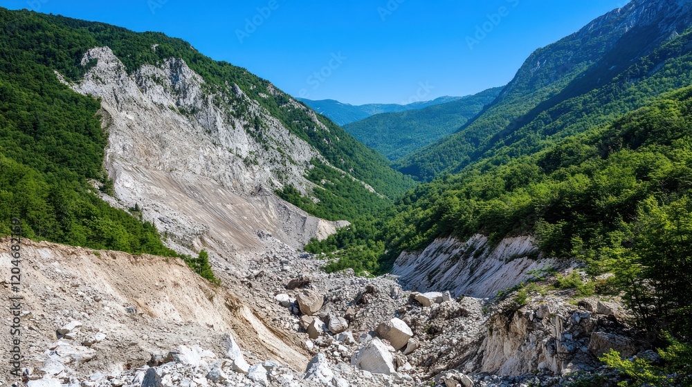 Landslide Scars Mountain Valley's Lush Greenery: A Breathtaking View of Nature's Raw Power Landslide Scars Mountain Valley's Lush Greenery: A Breathtaking View of Nature's Raw Power