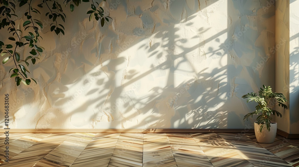 Sunlit Room Interior With Plants And Textured Wall Sunlit Room Interior With Plants And Textured Wall