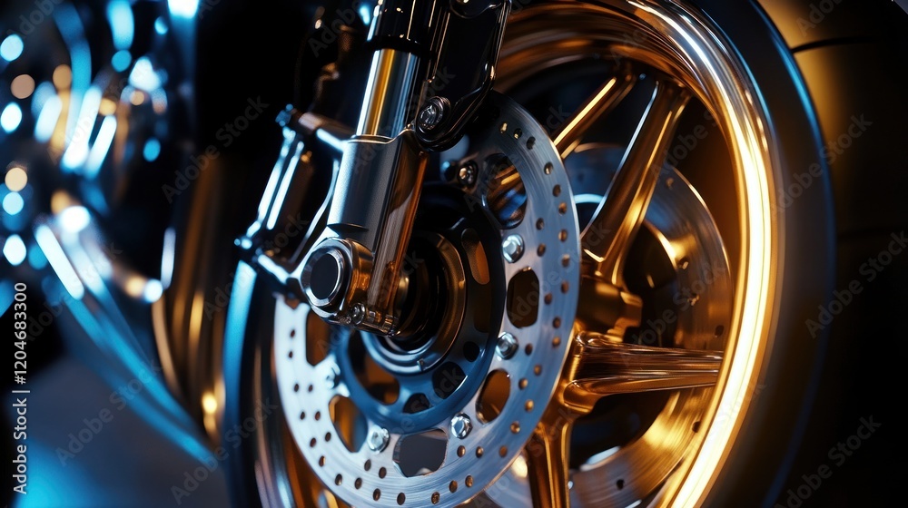 Gleaming Motorcycle Wheel: A Close-Up of Chrome and Gold