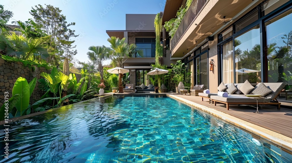 Fototapeta premium Modern Tropical Villa with Infinity Pool and Lush Landscaping