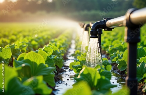 Efficient irrigation system waters rich green crops in sunny field. Sustainable agriculture practice. Water resources management. Modern farm technology. Crop nourishment. Sunny day. Fresh produce. photo