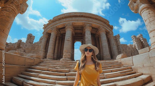 Tourist visiting ancient temple ruins on sunny day