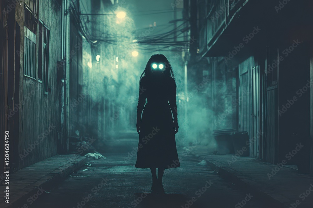 Glowing Eyed Figure Stands in Dark Alleyway Glowing Eyed Figure Stands in Dark Alleyway