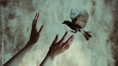 Bird flying from hands against textured background
