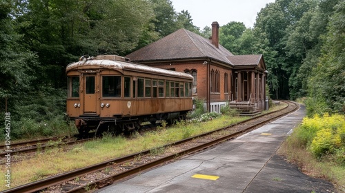 Abandoned railcar rests on a forgotten track beside a vintage station in a tranquil, wooded area