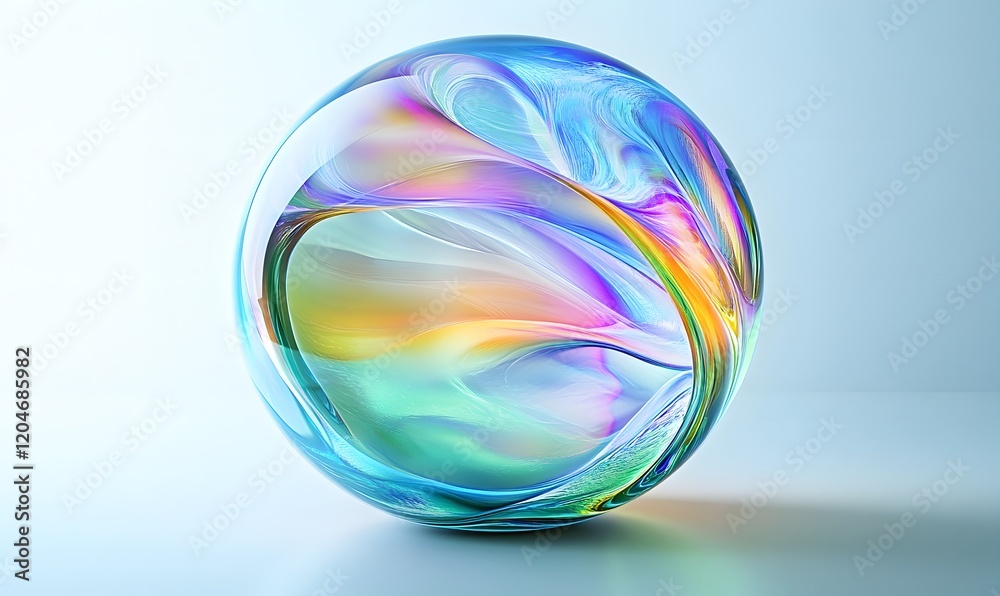 Iridescent glass sphere with swirling pastel colors. Iridescent glass sphere with swirling pastel colors.