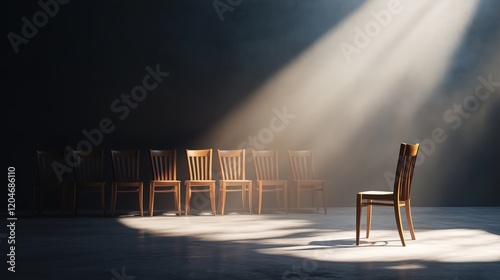 Single Chair in Row of Empty Chairs Illuminated by Dramatic Light Beam in Dark Room