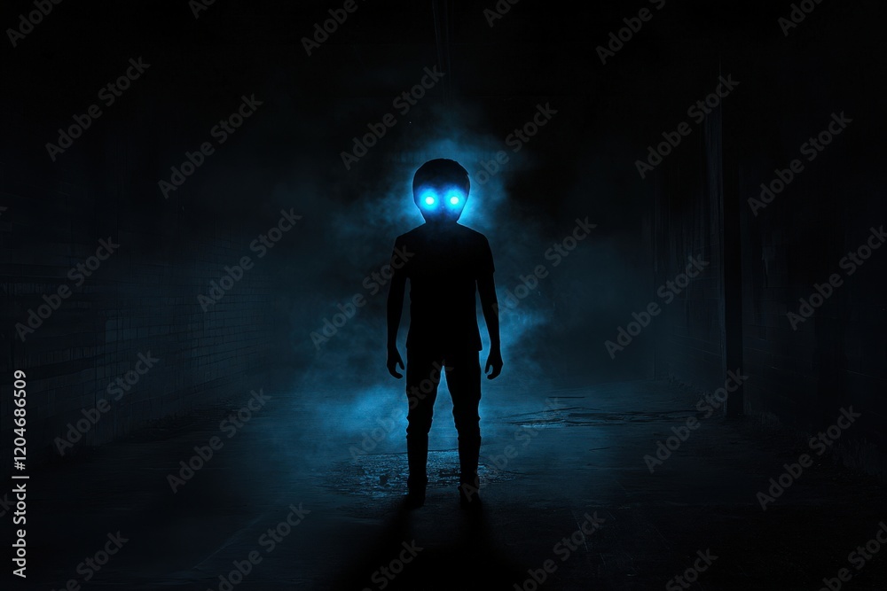 Fototapeta premium Alien Figure Stands in Dark Alleyway at Night