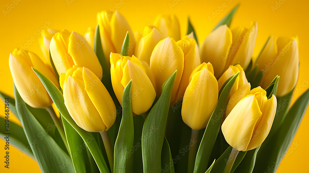 Bright and cheerful arrangement of yellow tulips placed on a matching yellow background. The minimalist composition and vibrant colors make it ideal for spring, floral, or nature-inspired Bright and cheerful arrangement of yellow tulips placed on a matching yellow background. The minimalist composition and vibrant colors make it ideal for spring, floral, or nature-inspired