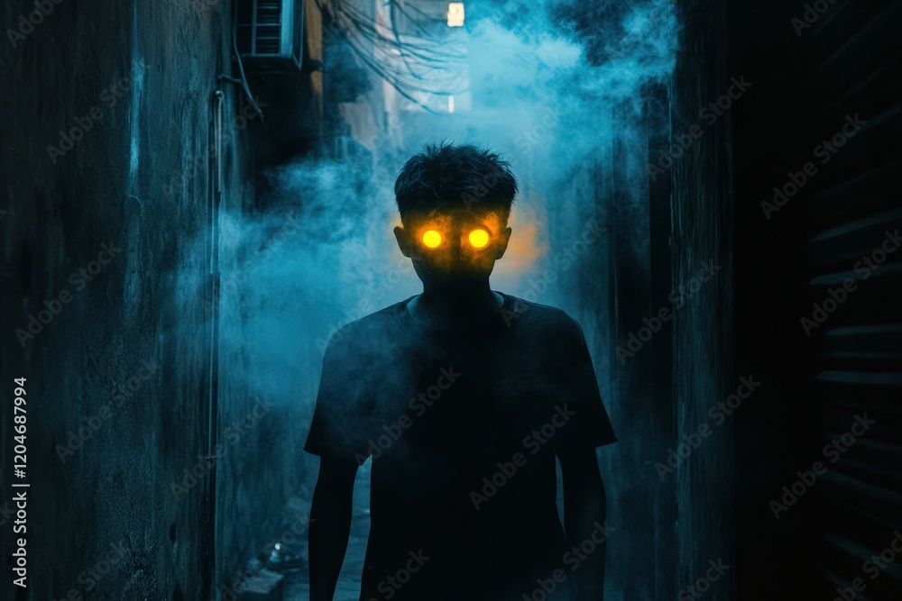Obraz premium Glowing Eyed Figure in Smoky Alleyway
