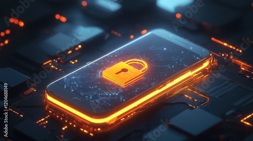 Secure Mobile Device with Glowing Lock Icon on Digital Circuit Board