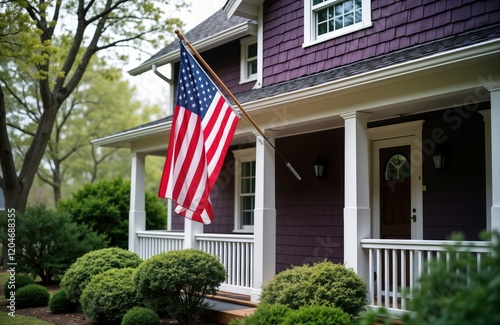 American flag flies proudly in front of home. Purple house with white porch railings. Rich green landscaping surrounds home. Sense of patriotism, national pride evident in outdoor scene. Beautiful photo