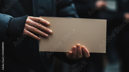 Close-up of hands holding a blank cardboard box for shipping or delivery